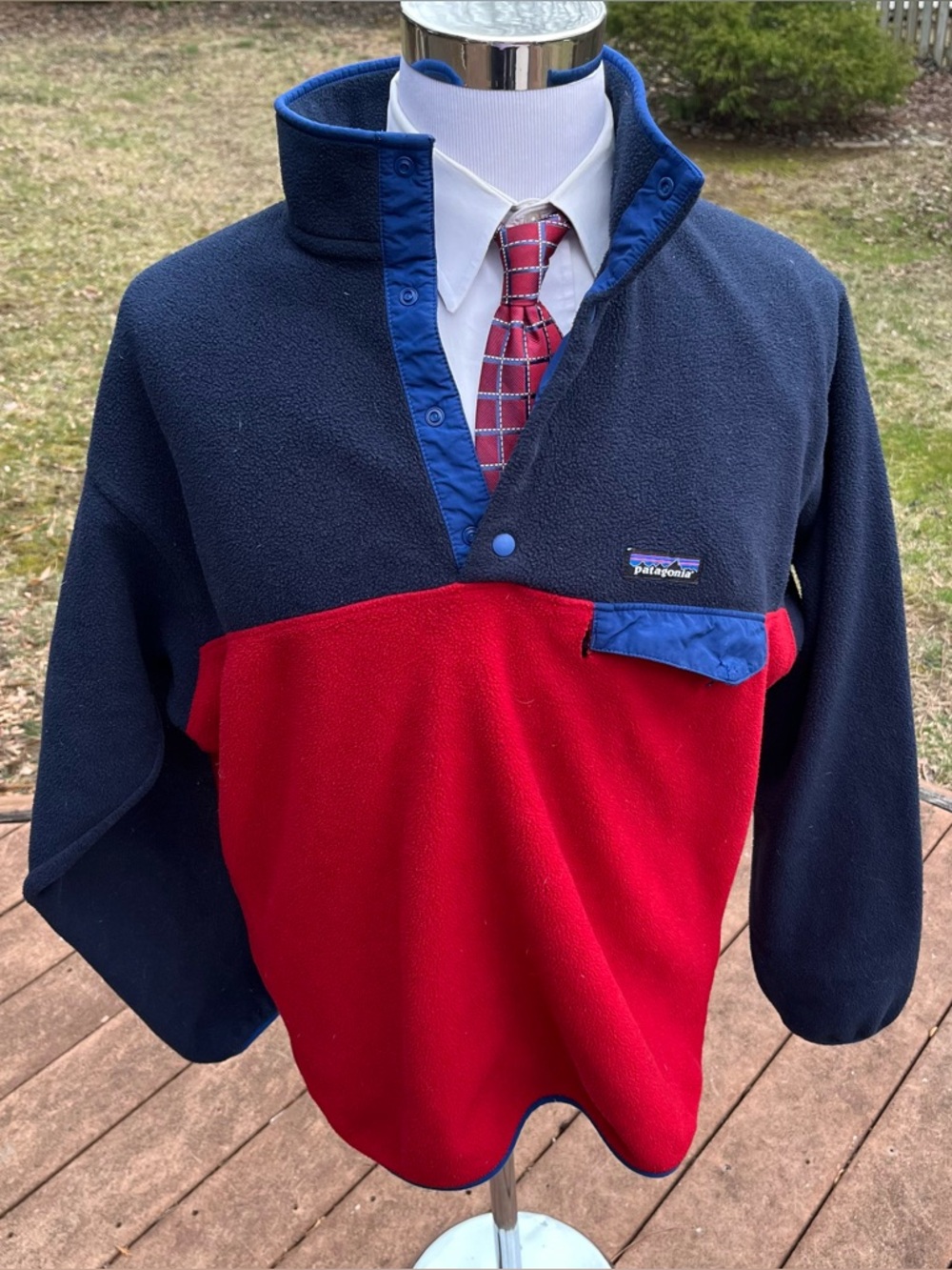 Patagonia Synchilla Snap T Pullover L Sweater Fleece 25580 Red/blue Men Repaired